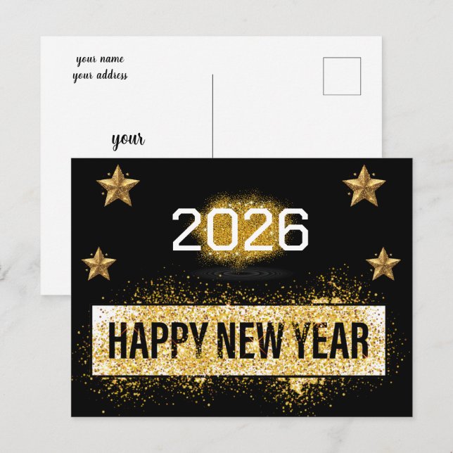 2026,Happy New Year ! Gold Glitter Shiny Stars  Postcard (Front/Back)