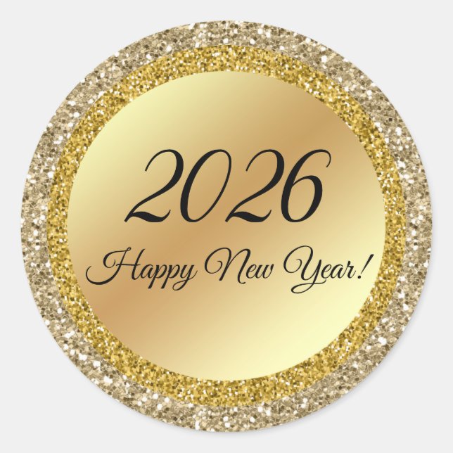 2026 happy new year,gold metallic sparkles   classic round sticker (Front)
