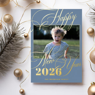 2026  Happy New Year gold script blue photo Foil Holiday Card