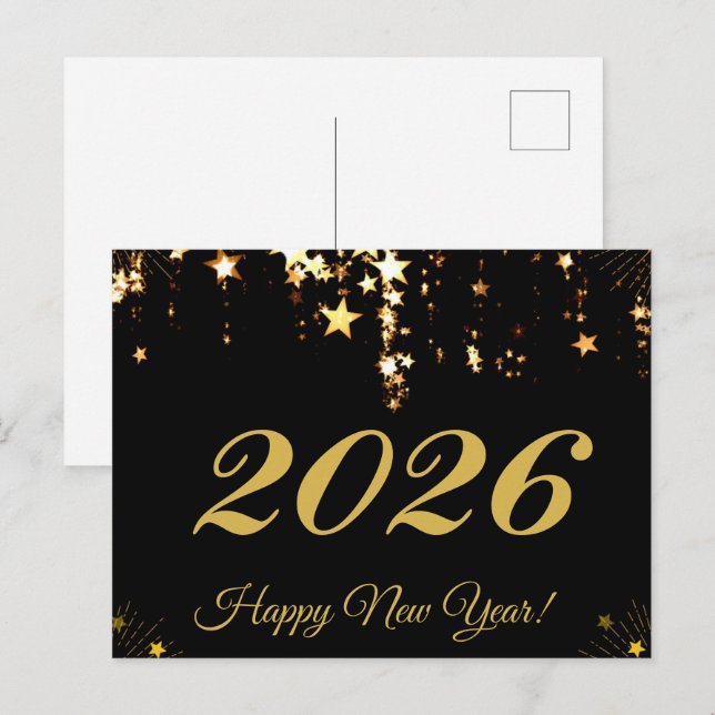 2026,Happy new year!gold stars & black background Postcard (Front/Back)