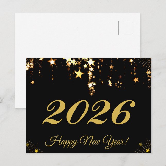2026,Happy new year!gold stars & black background Postcard (Front/Back)
