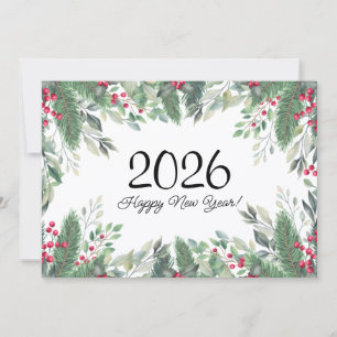 2026,Happy new year!holiday greenery red berries  Note Card