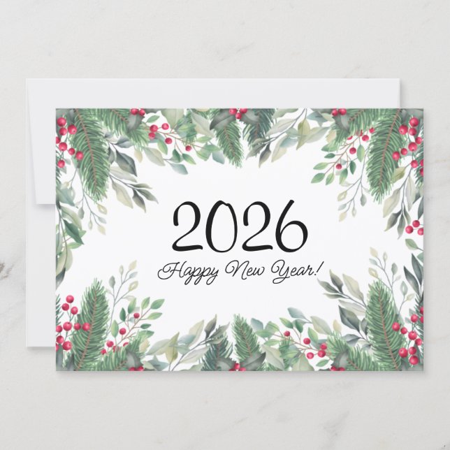 2026,Happy new year!holiday greenery red berries  Note Card (Front)