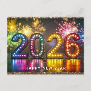 2026 Happy New Year Modern Fireworks Glitter Postcard