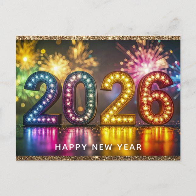 2026 Happy New Year Modern Fireworks Glitter Postcard (Front)