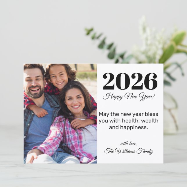 2026 happy new year,modern script, holiday photo note card (Standing Front)