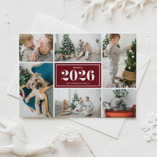 2026 Happy New Year Photo Collage Burgundy Holiday Postcard