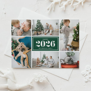 2026 Happy New Year Photo Collage Green Holiday Postcard