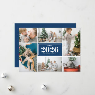 2026 Happy New Year Photo Collage Navy Blue Holiday Card