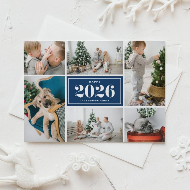 2026 Happy New Year Photo Collage Navy Blue Holiday Card (Send 2026 new year cheer with this customizable navy blue photo collage Happy New Year Photo Card. )