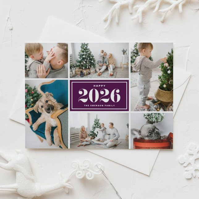 2026 Happy New Year Photo Collage Purple Holiday Postcard (Send 2026 new year cheer with this customizable purple photo collage Happy New Year Postcard. )