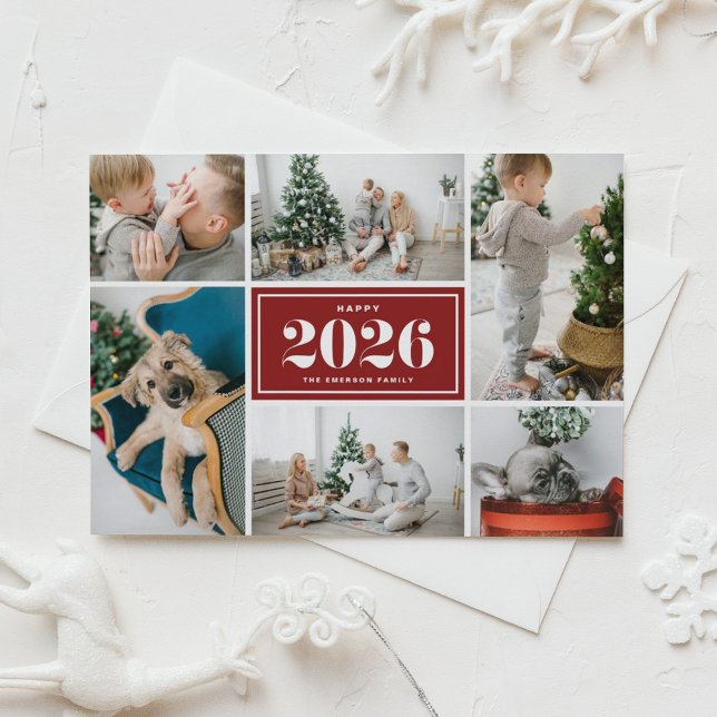 2026 Happy New Year Photo Collage Red Holiday Card (Send 2026 new year cheer with this customizable red photo collage Happy New Year Card. )