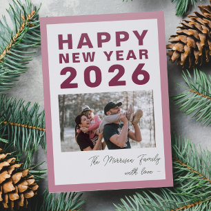2026 Happy New Year pink typography holiday Letterpress Photo Cards