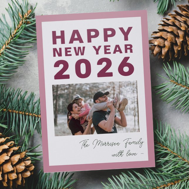 2026 Happy New Year pink typography holiday Letterpress Photo Cards (Creator Uploaded)