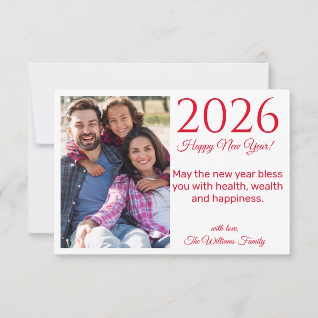 2026 happy new year, red script, holiday photo note card (Front)