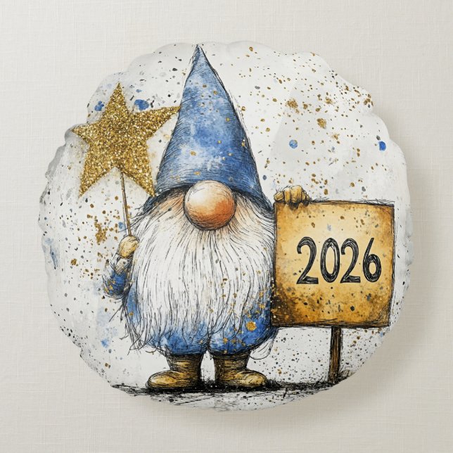 2026, Happy New Year Round Pillow (Front)