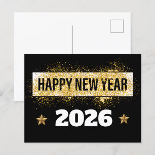 2026,Happy New Year! Shiny Stars Gold & Black Postcard