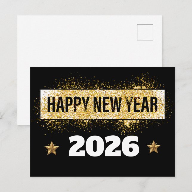 2026,Happy New Year! Shiny Stars Gold & Black  Postcard (Front/Back)