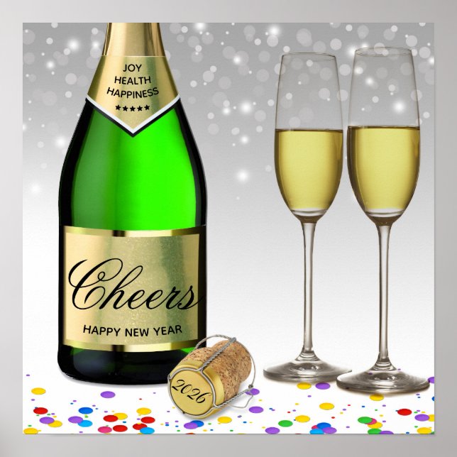 2026 Happy New Year Sparkling Wine Bottle Poster (Front)
