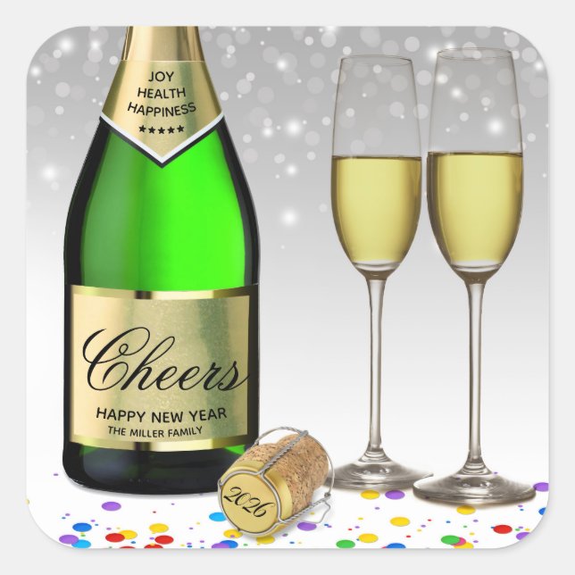 2026 Happy New Year Sparkling Wine Bottle Square Sticker (Front)