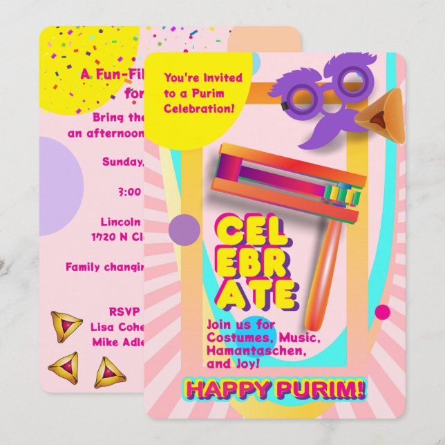 2026 Happy Purim Festival for All Ages Invitation (Front/Back)