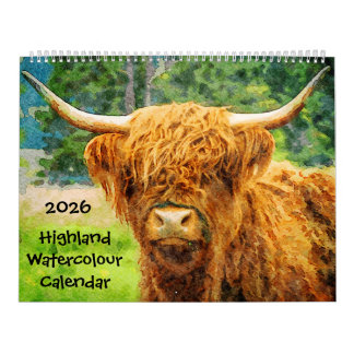 2026 Highland Cow Cattle Cute Watercolor Paintings Calendar