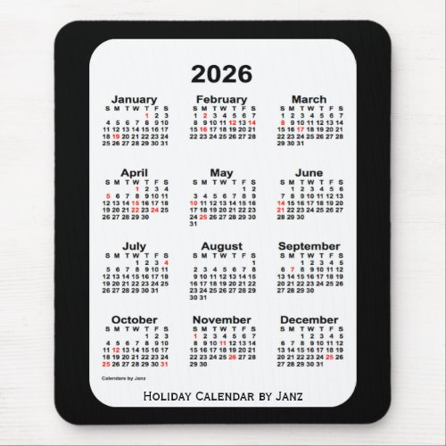 2026 Holiday Two Tone Black Calendar by Janz Mouse Pad