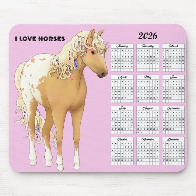 2026 I Love Horses Calendar Mouse Pad (Front)