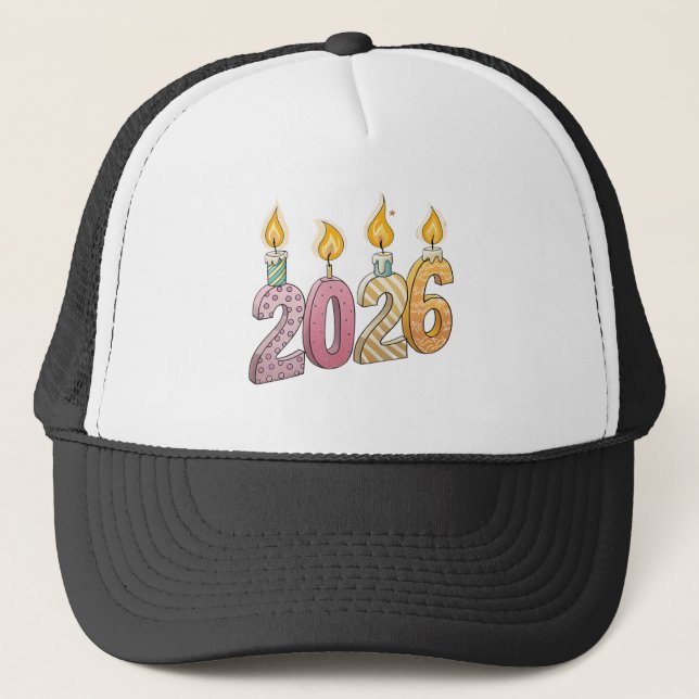 2026 Image Printed above Glowing Candle Flames-Cap Trucker Hat (Front)