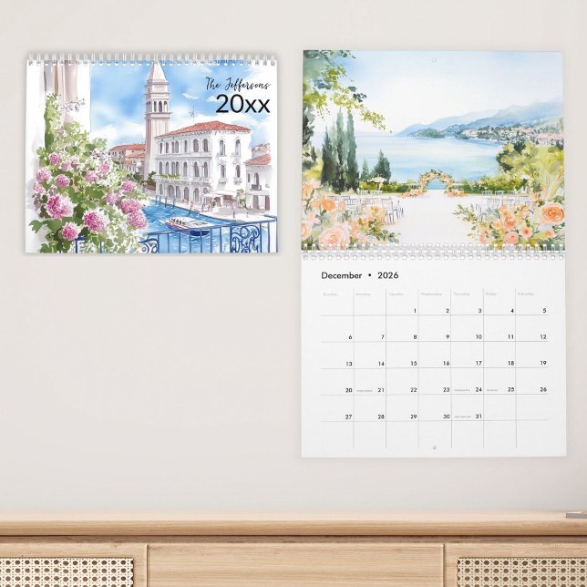 2026 Italy Scenery Watercolor Family Calendar (beautiful italian scenic view wall 2026 personalized calendar)