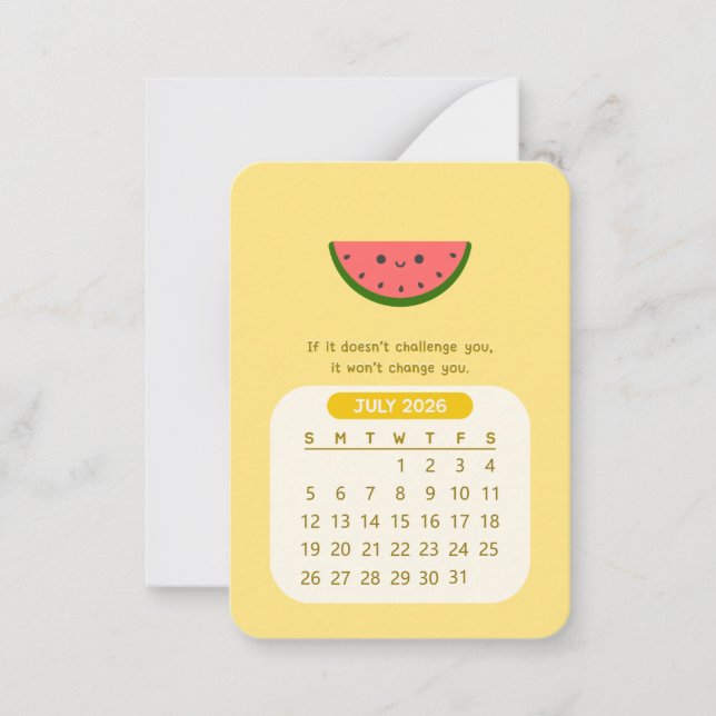 2026 July Monthly Kawaii Motivational Calendar Note Card (Front)