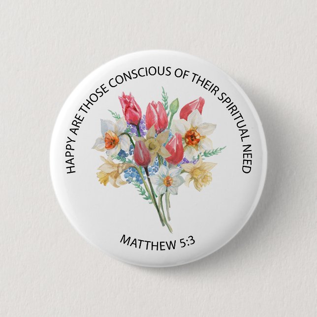 2026 JW Year Text Matthew 5v3 Spring Flowers Button (Front)