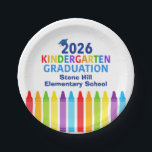 2026 Kindergarten Graduation Custom School Party Paper Plates<br><div class="desc">These cute 2026 kindergarten graduation party plates feature a cool grad cap above colorful writing and a row of crayons in rainbow. Fun kindergartner graduate party decor in fun colors for the last day of elementary school. Congratulations to our kinder graduate!</div>