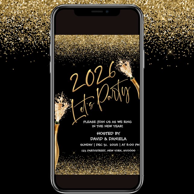 2026 Lets Party Black Gold New Year Invitation (Creator Uploaded)