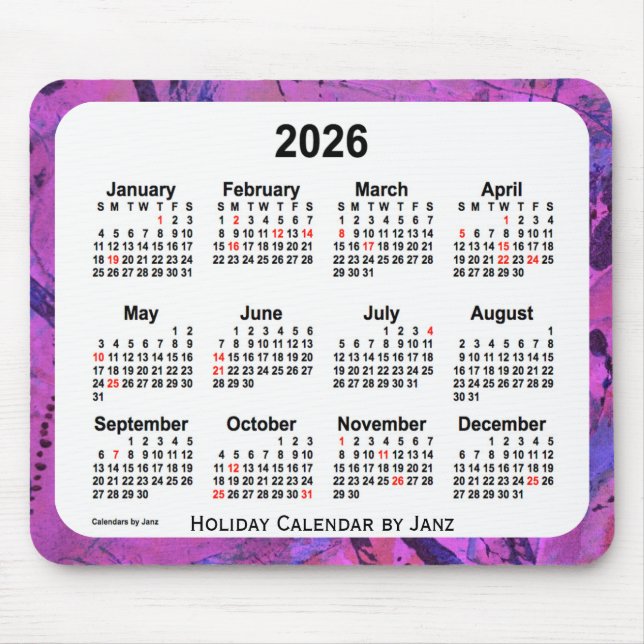 2026 Magenta Holiday Art Calendar by Janz Mouse Pad (Front)