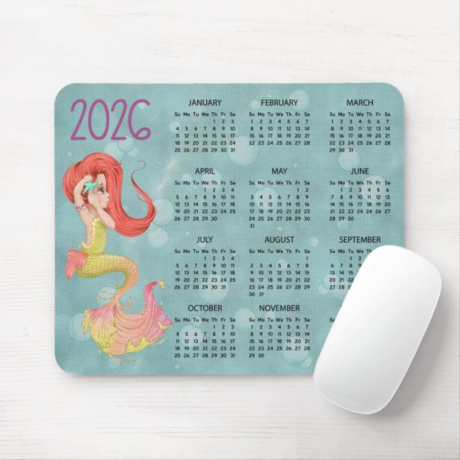 2026 Mermaid Desk Calendar Mouse Pad (With Mouse)