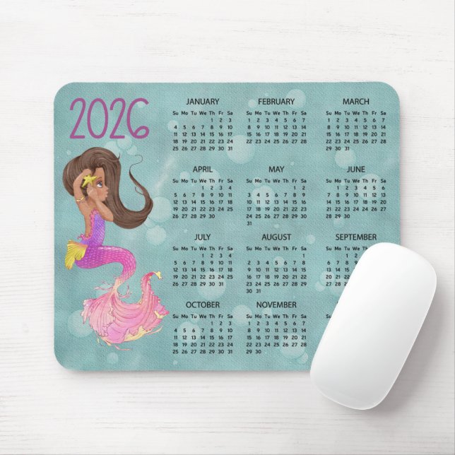 2026 Mermaid Desk Calendar Mouse Pad (With Mouse)