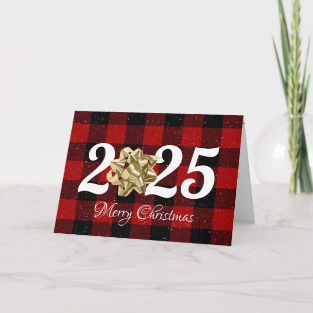2026 Merry Christmas Bow on Plaid  Card (Front)