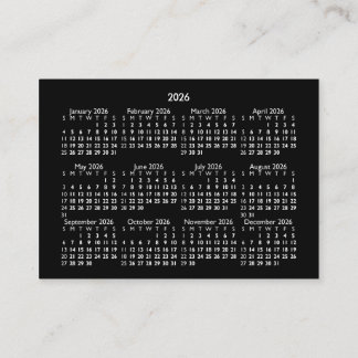 2026 Mini POCKET Calendar SUNDAY Start BLACK Business Card