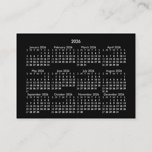 2026 Mini POCKET Calendar SUNDAY Start BLACK Business Card (Back)