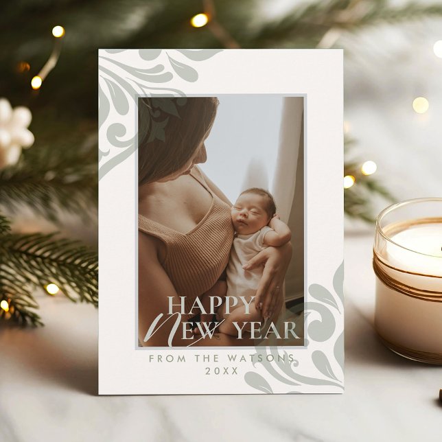 2026 Minimal Calm Green Ivory Elegant New Year Holiday Card (Creator Uploaded)