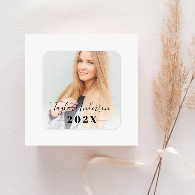2026 Minimalist Black Photo Graduation Square Sticker (Creator Uploaded)