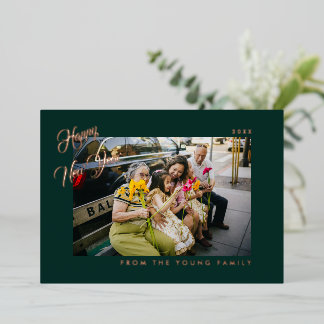 2026 Minimalist Modern Script Green Photo Foil Holiday Card