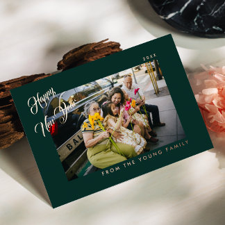 2026 Minimalist Modern Script Green Photo Foil Holiday Card