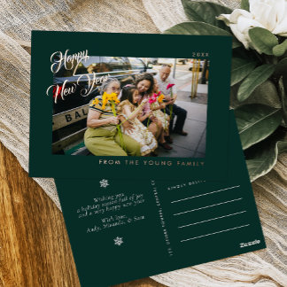2026 Minimalist Modern Script Green Photo Foil Holiday Postcard