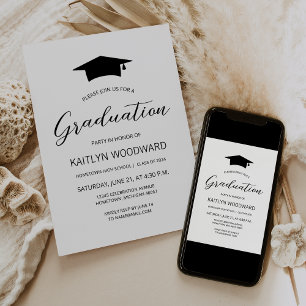 2026 Modern Black and White Cap Graduation Party Invitation