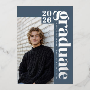 2026 Modern Blue 4 Photo Graduation Silver Foil Invitation