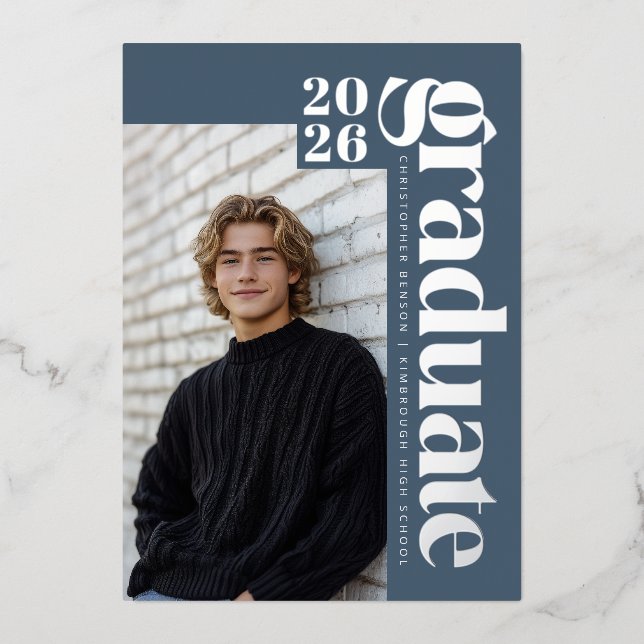 2026 Modern Blue 4 Photo Graduation Silver Foil Invitation (Front)