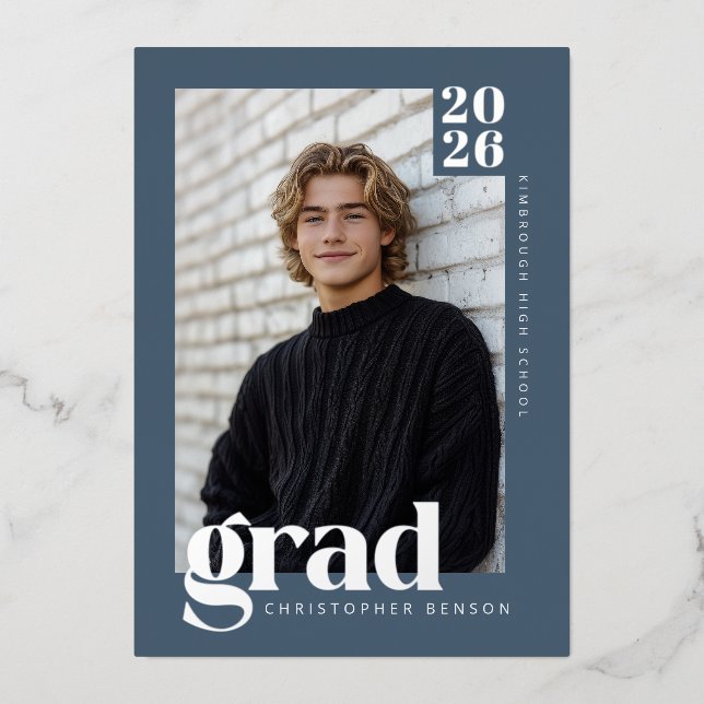 2026 Modern Blue 4 Photo Graduation Silver Foil Invitation (Front)