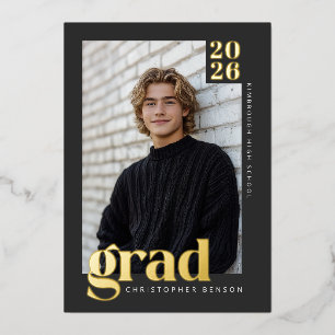 2026 Modern Charcoal 4 Photo Graduation Gold Foil Invitation